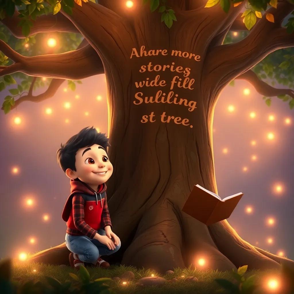 Pablo happily interacting with the talking tree, both smiling as the tree shares more stories, a magical glow surrounding them, warm ambiance, child-friendly