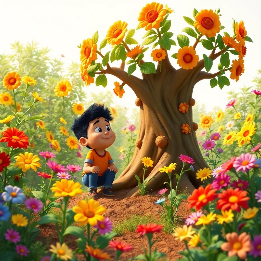 A beautiful scene of Pablo and the talking tree surrounded by new plants they have planted together, colorful flowers blooming everywhere, sunny and bright, filled with hope