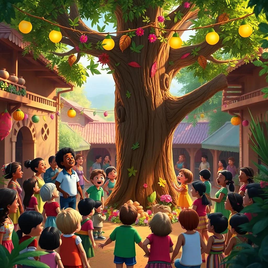 A joyful celebration in the village as everyone gathers around Pablo and the tree, honoring nature with decorations made of leaves and flowers, colorful, community spirit, heartwarming