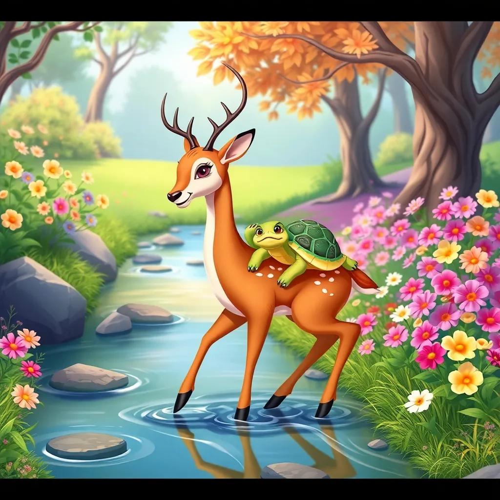 Lúcio the elegant deer carrying a turtle named Tula on his back while crossing a crystal-clear stream surrounded by vibrant flowers and trees, cheerful scenery, illustration, joyful and heartwarming, high quality