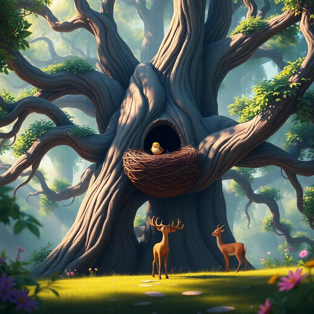 A giant tree in a magical forest with a nest on its branches, featuring a small bird trying to fly, Lúcio the elegant deer encouraging the bird, detailed digital art, bright colors, uplifting atmosphere, high quality