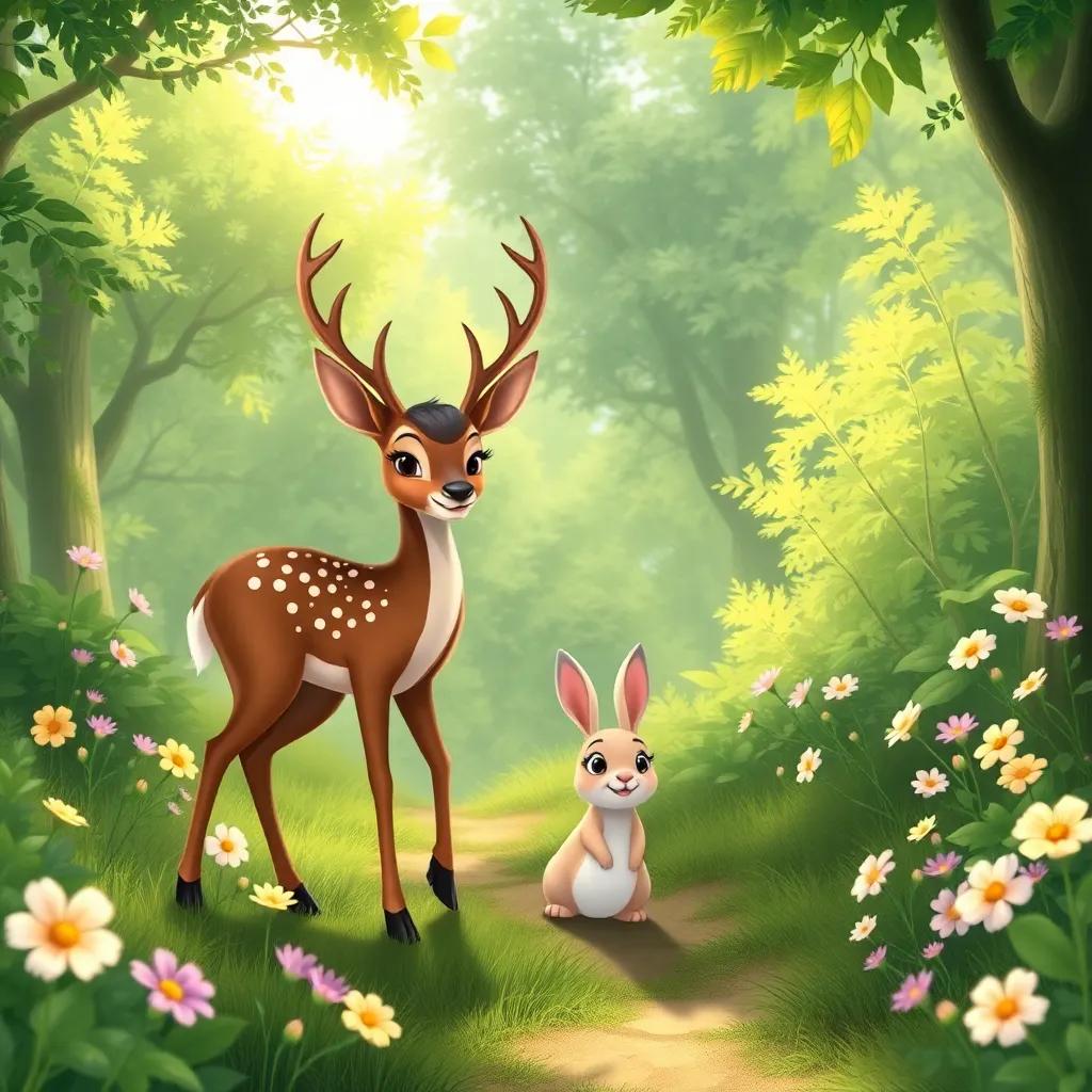 Lúcio the elegant deer helping a small rabbit named Remi find his way home through the lush green forest, filled with flowers and sunshine, illustration, friendly and warm, high quality