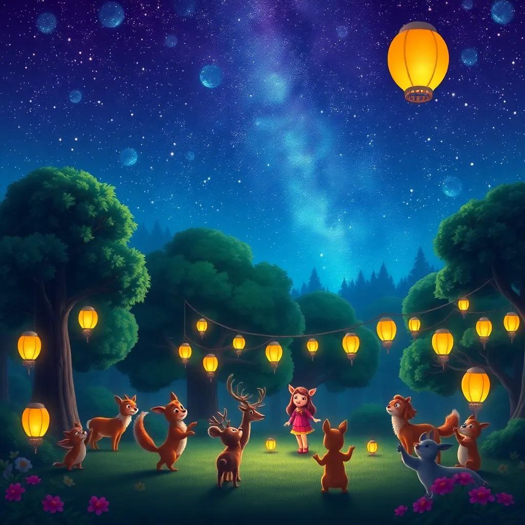 A starry night sky over a magical forest, with Lúcio the deer organizing a party with animals dancing and singing, glowing lanterns hanging from trees, vibrant colors, festive atmosphere, high quality