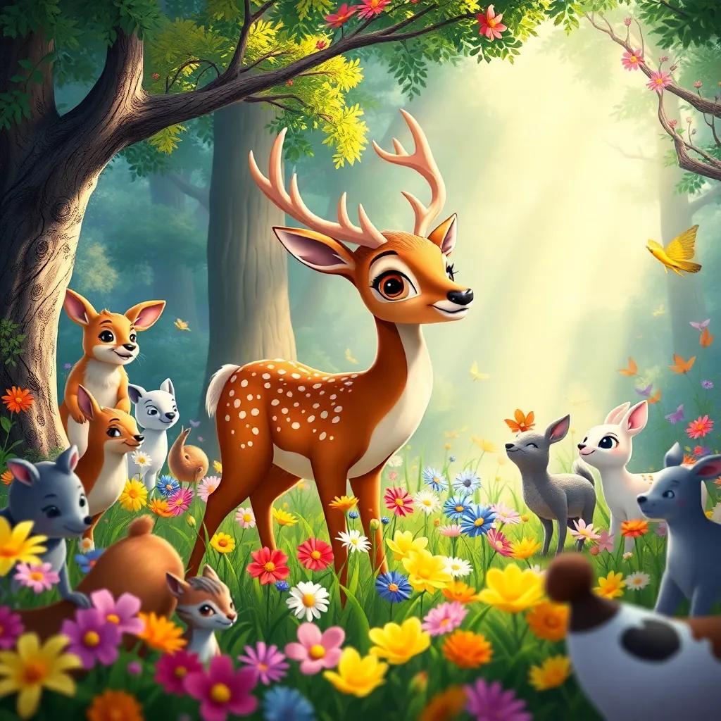 Lúcio the elegant deer surrounded by animals, gathering flowers of all colors in the magical forest, with trees and sunlight shining down, cheerful scene, vibrant colors, heartwarming, high quality