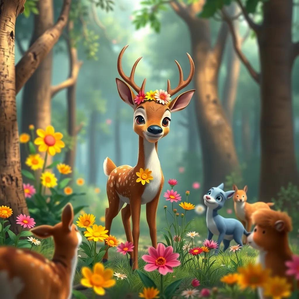 Lúcio the deer decorating the forest with colorful flowers, while animals gather around, joyful and friendly atmosphere, detailed digital art, bright colors, high quality