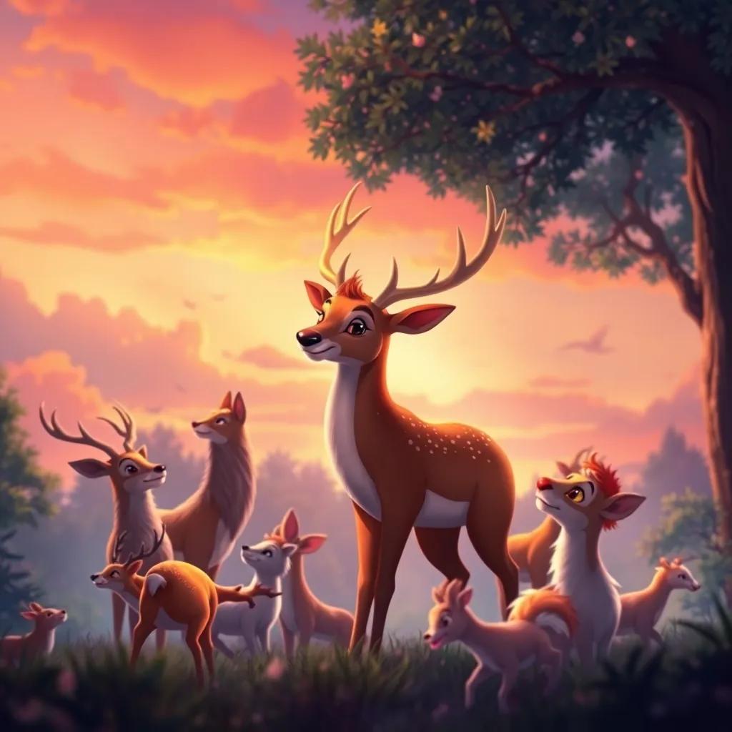 Lúcio the elegant deer shown surrounded by animals rejoicing in the forest, with a backdrop of a sunset sky creating an atmosphere of happiness and love, digital painting, warm colors, joyful atmosphere, high quality