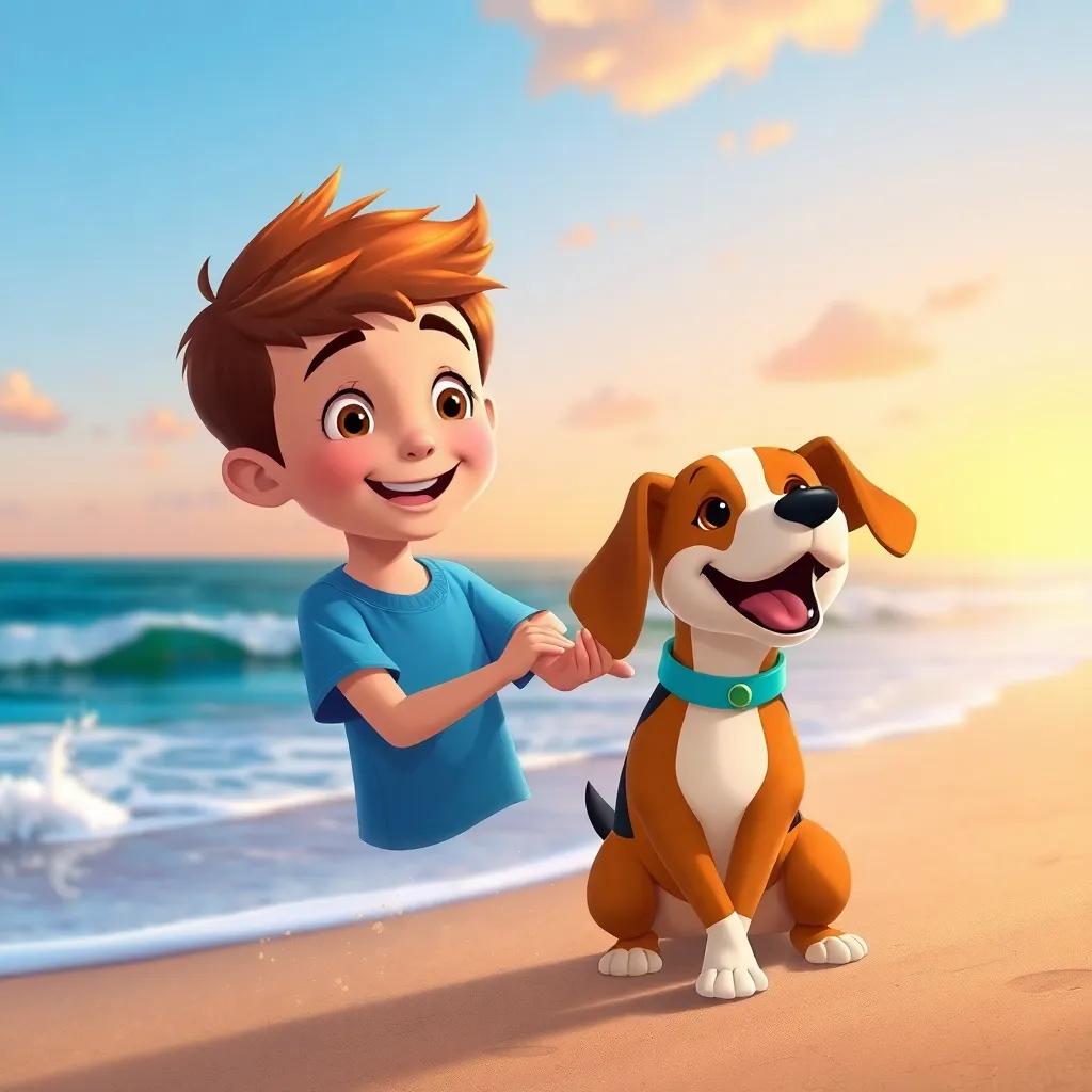 Un niño llamado Marco, con cabello castaño y camiseta azul, jugando en la playa con su perro Toby, un perro de raza Beagle, con arena y olas del mar de fondo, escena alegre, vibrante, ilustración colorida, cálido atardecer
