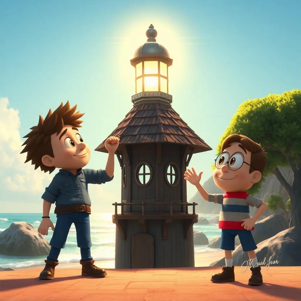 Marco y Toby se acercan al faro, que brilla intensamente en un día soleado, el faro tiene un aspecto antiguo, rodeado de verdes árboles y una hermosa playa, imagen mágica, enfoque en el faro, estilo ilustración