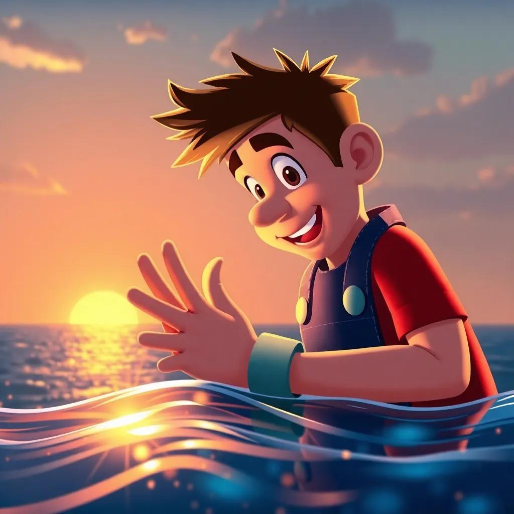 Marco toca el faro, su mano está sobre la superficie mientras su cara refleja asombro, el faro emitiendo luces brillantes, fondo con el océano y una puesta de sol, ilustración mágica, colores brillantes