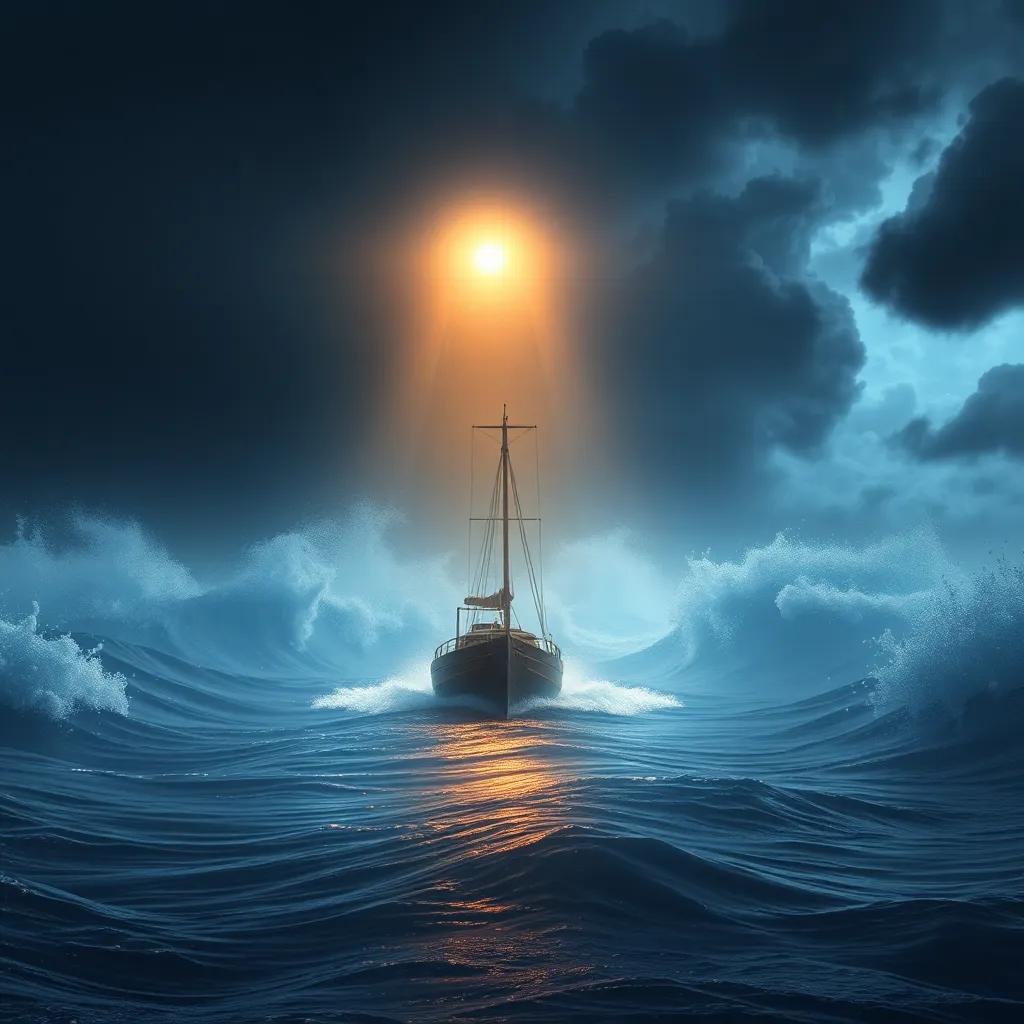 Un barco navegando tranquilamente bajo la luz del faro en medio de una tormenta, olas calmadas alrededor, el faro brilla intensamente, protección mágica, estilo realista, imagen impresionante
