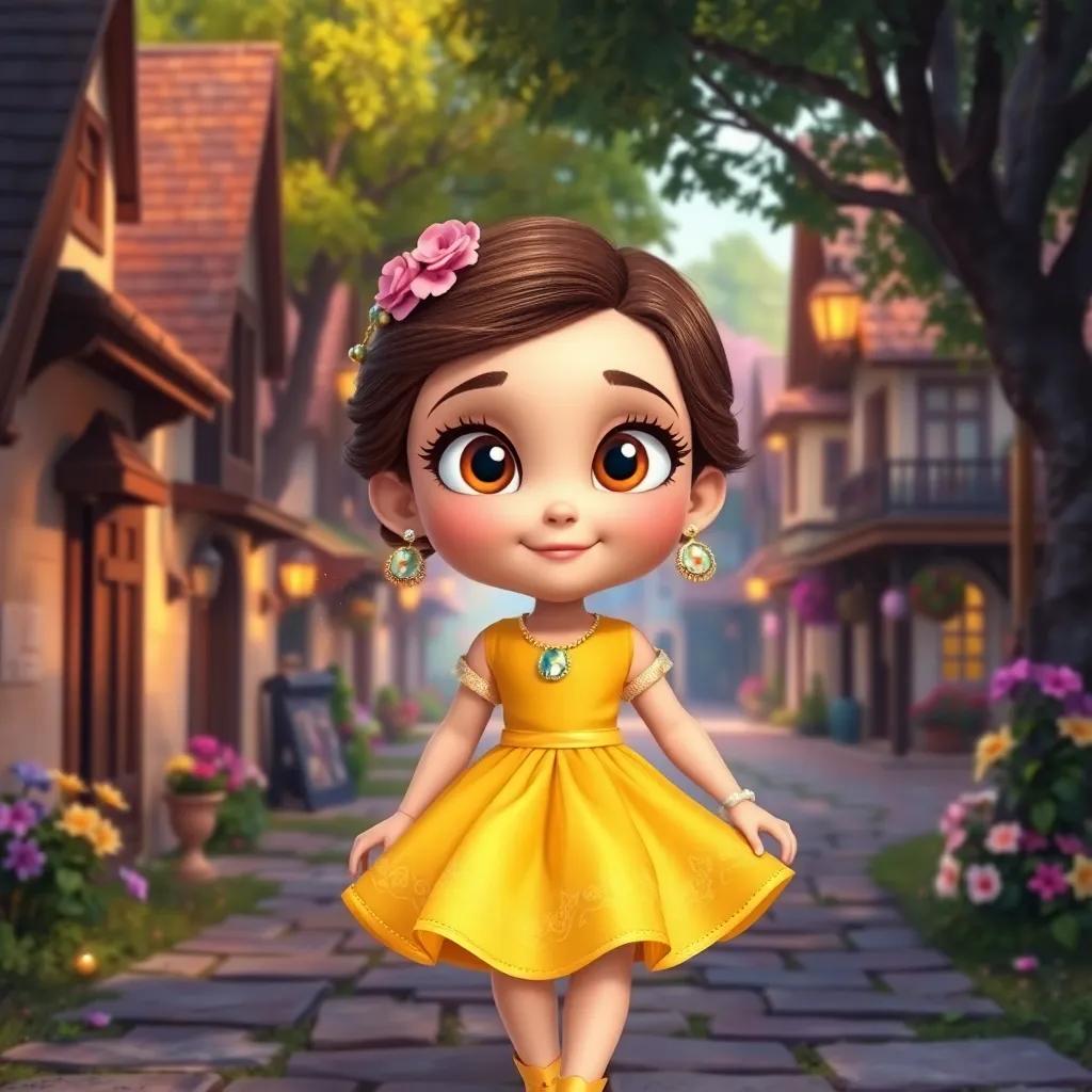 Sofía, una niña con grandes ojos brillantes, usando un vestido amarillo, paseando en un pueblo mágico, árboles y flores alrededor, digital art, vibrante, alegre, colorido, alta calidad