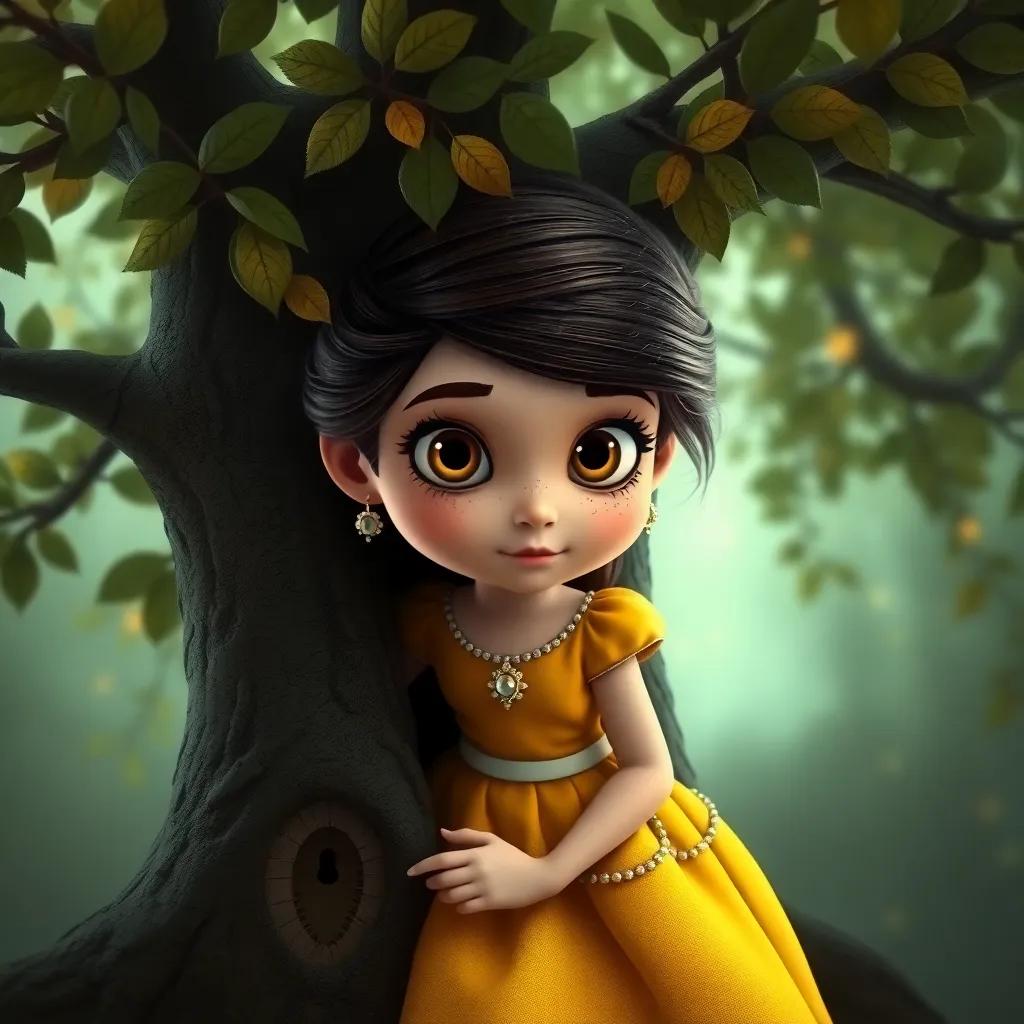 Sofía, una niña con grandes ojos brillantes, usando un vestido amarillo, descubriendo una puerta pequeña en un árbol cubierto de hojas, ambiente misterioso, digital art, mágico, alto contraste, fantasía, alta calidad