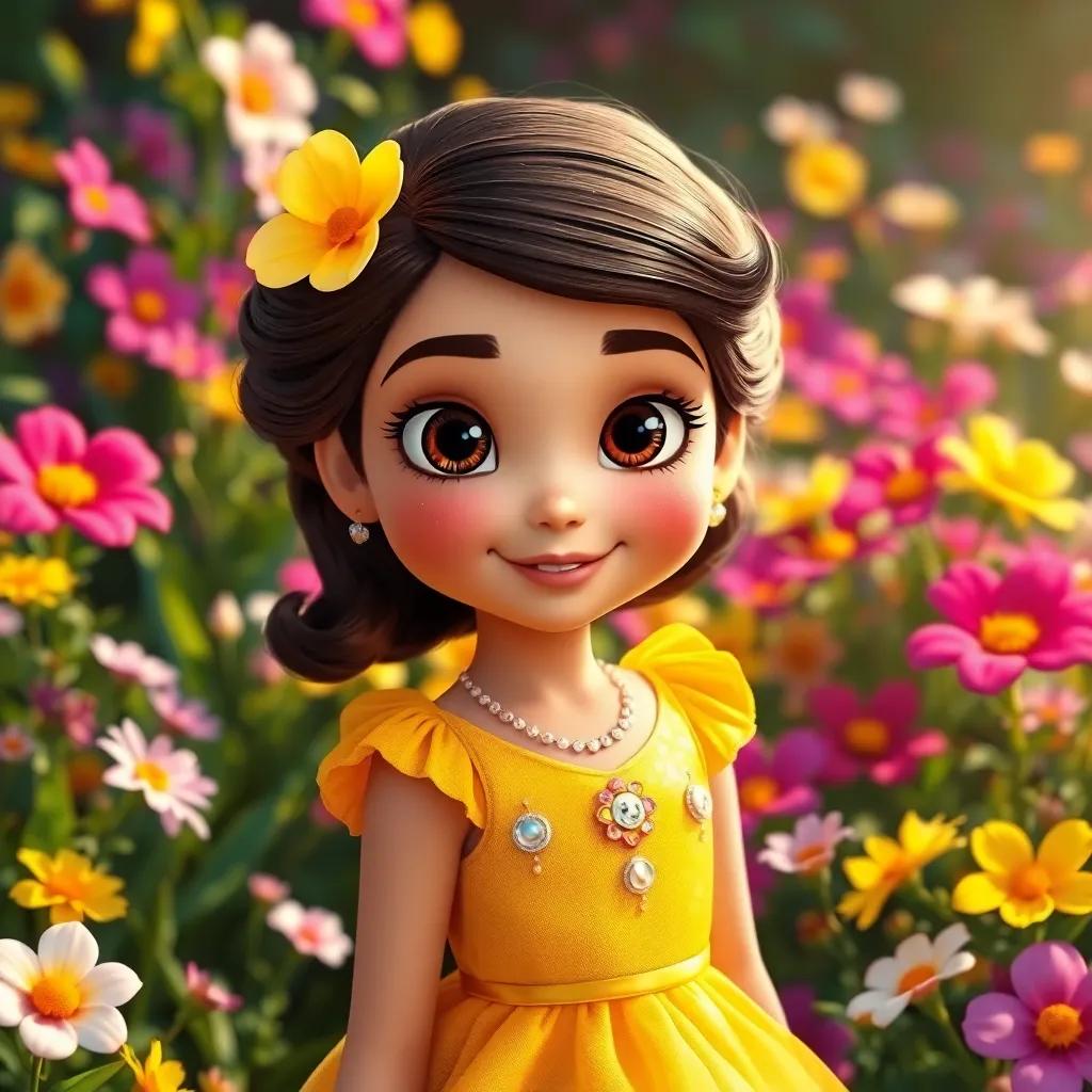 Sofía, una niña con grandes ojos brillantes, usando un vestido amarillo, en un jardín lleno de flores brillantes y coloridas, flores que brillan al sol, digital art, alegre, vibrante colores, toques mágicos, alta calidad