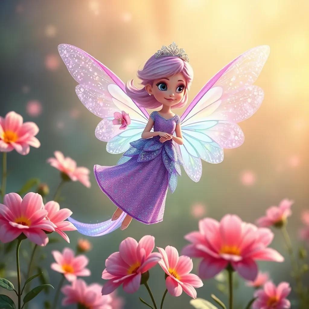 Lila, un hada con alas brillantes y vestido de pétalos, volando junto a Sofía, rodeadas de flores danzantes, atmósfera mágica, digital art, suave luz, tonalidades de arcoíris, alta calidad
