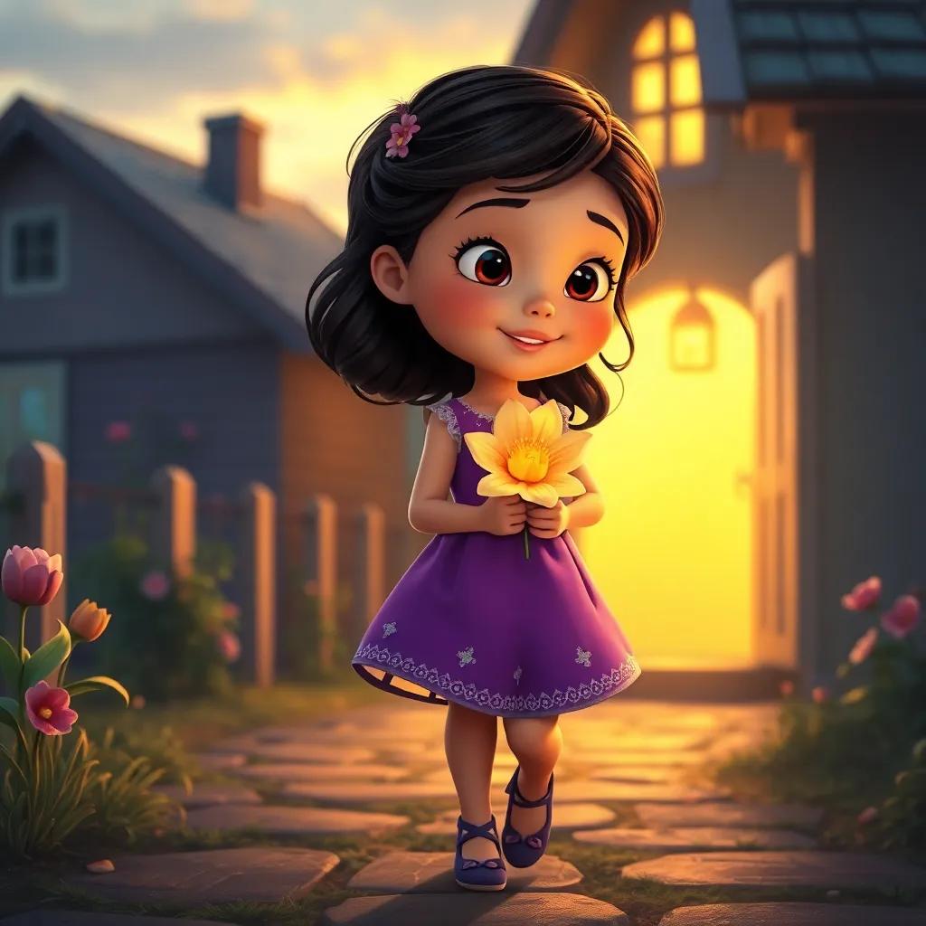 Sofía, una niña sonriendo, sosteniendo una flor brillante en su vestido, caminando hacia su casa, atardecer dorado en el fondo, digital art, nostálgico, cálido, mágico, alta calidad