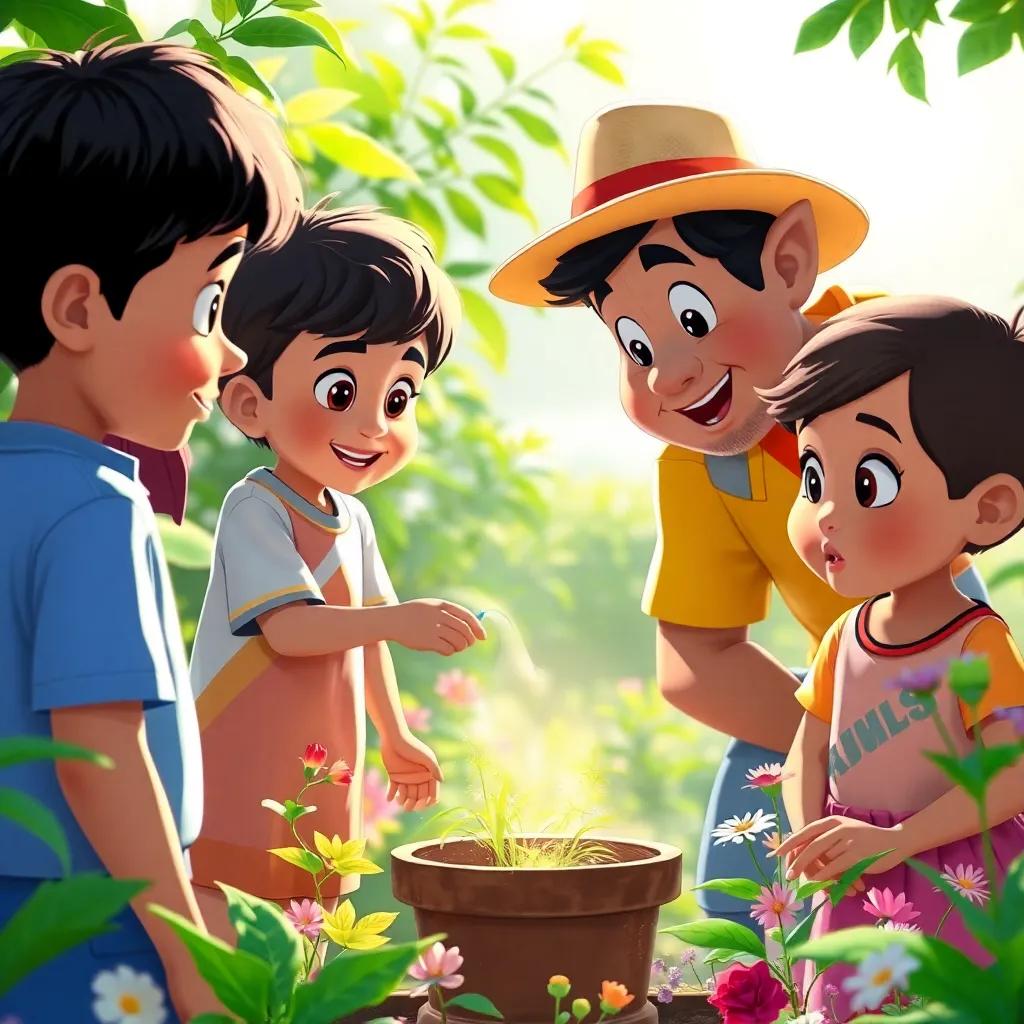 Children looking amazed as Don Manuel shows them how to water the plants, each child dressed in bright clothes, surrounded by green plants and flowers, illustration, lively, engaging atmosphere, natural light