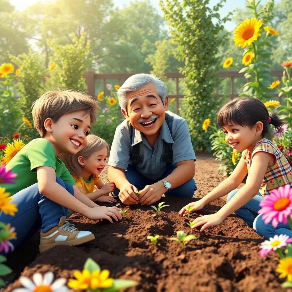 Children planting seeds with Don Manuel in the garden, smiles on their faces, soil on their hands, sun shining down, detailed scenery, colorful flowers around, joyous and nurturing