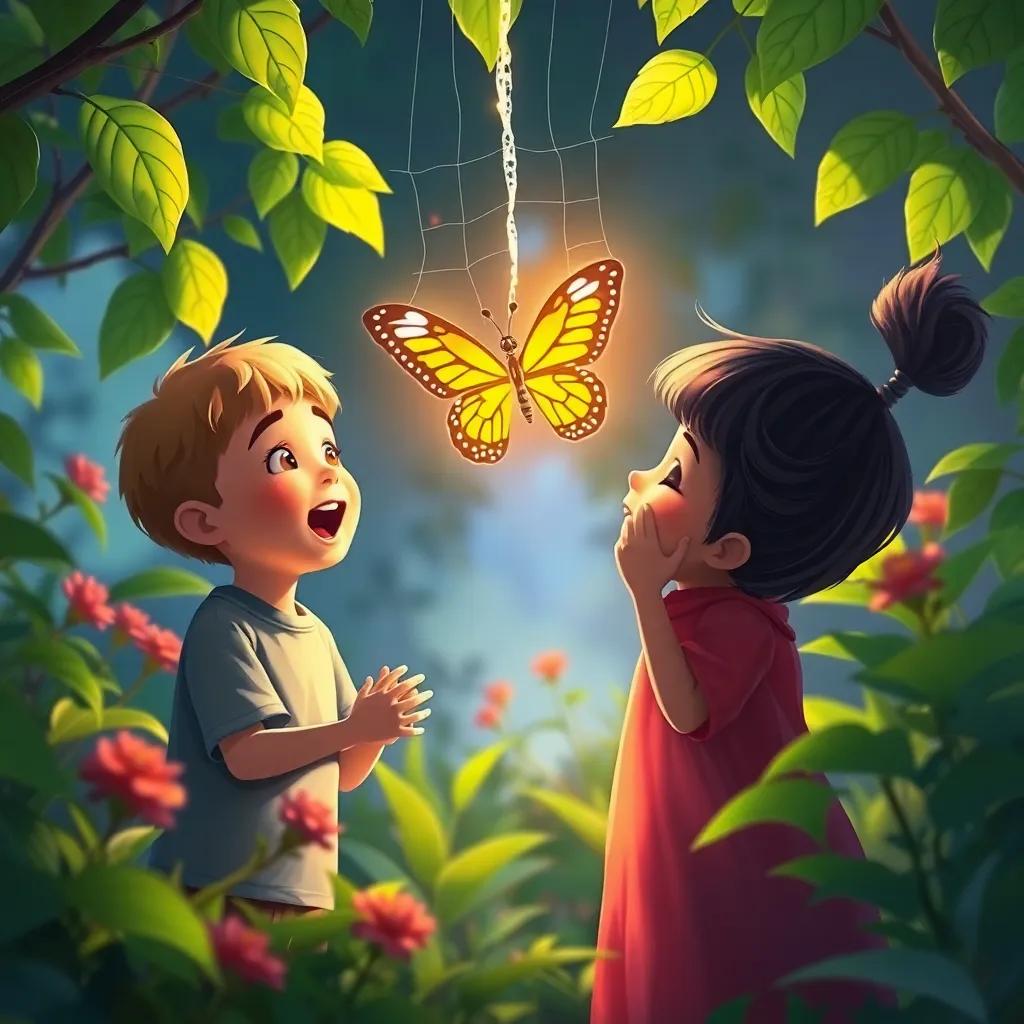 The children releasing a butterfly from a web in the garden, gasping in delight, vibrant colors of the butterfly contrasting with the green leaves, digital painting, heartwarming, hopeful scene