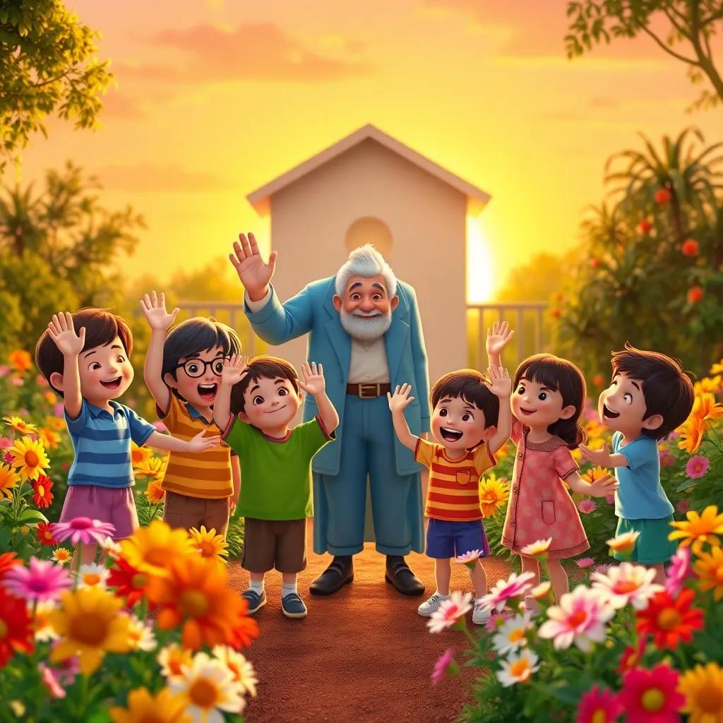 A group of happy children waving goodbye to Don Manuel in his colorful garden, with flowers blooming all around them, sunset background, warm light, uplifting mood, joyful atmosphere