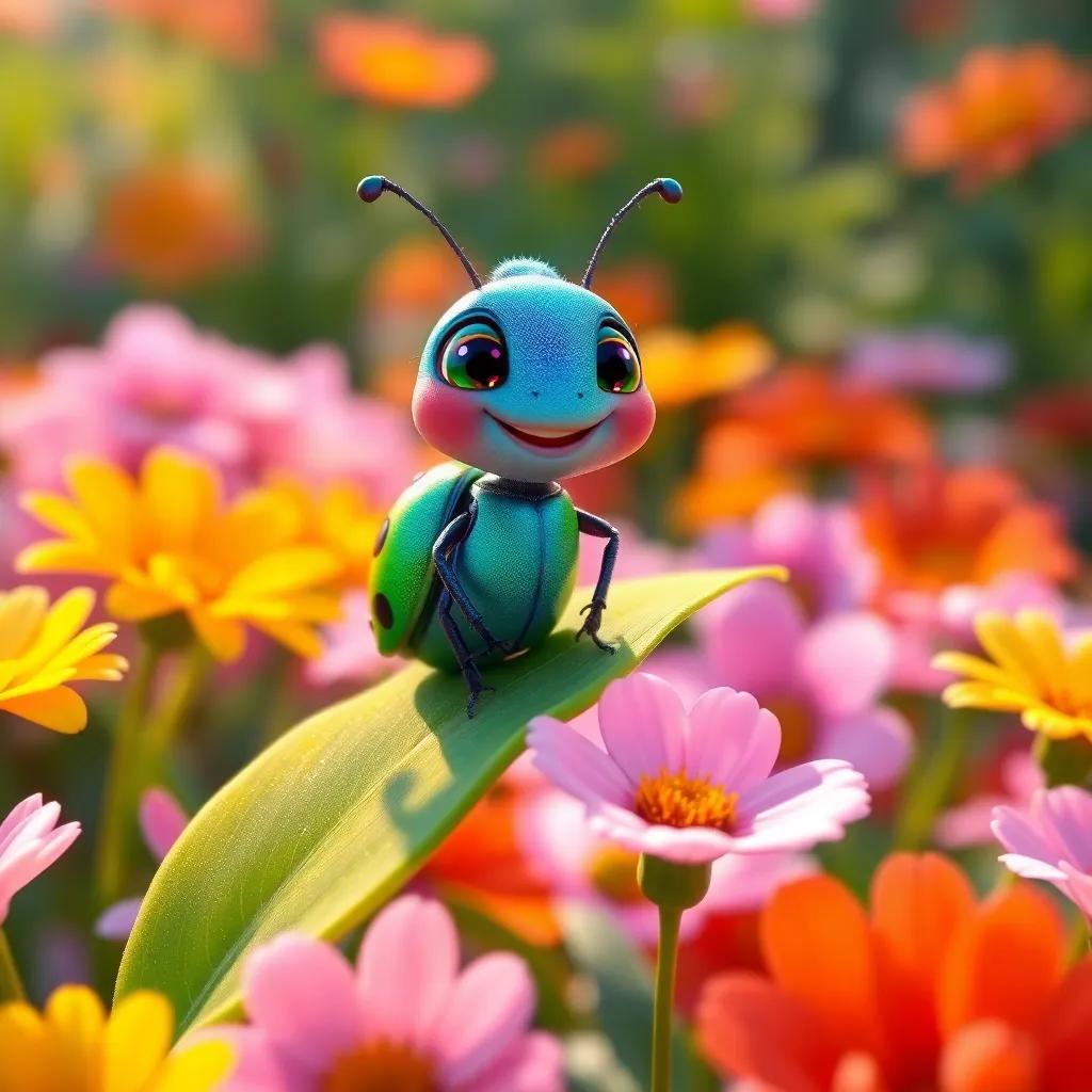A small insect named Tito, a tiny beetle with bright blue and green colors, sitting on a green leaf in a colorful flower garden, cheerful and eager, digital art, vibrant colors, warm sunlight, friendly atmosphere, high quality