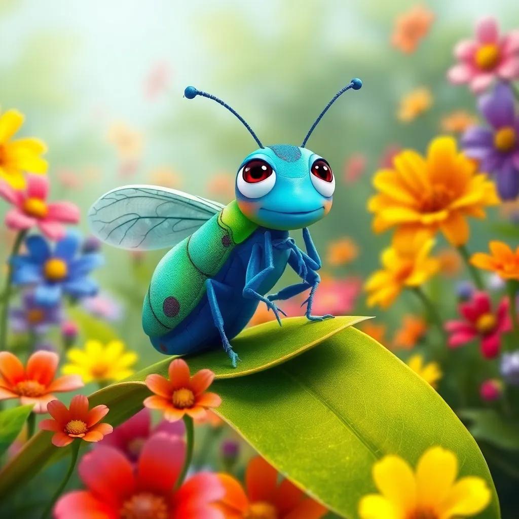 Tito the insect, with bright blue and green colors, sitting on a leaf thinking deeply in a beautiful flower garden, colorful flowers around him, imaginative mood, digital illustration, whimsical, engaging, high quality