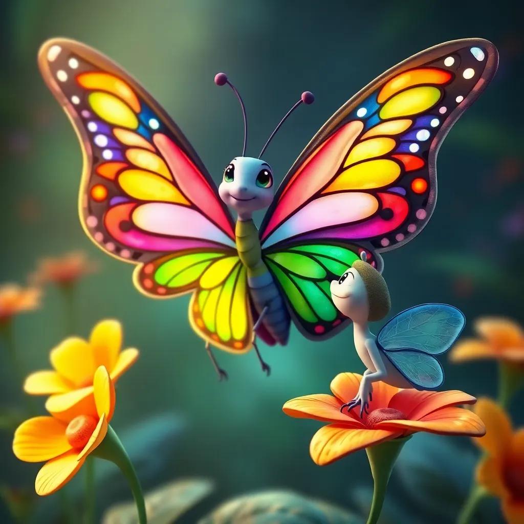 A wise butterfly named Lola, large and colorful, with wings like stained glass, perched on a bright flower, watching Tito with a smile, magical atmosphere, vibrant colors, digital art, charming and inviting, high quality