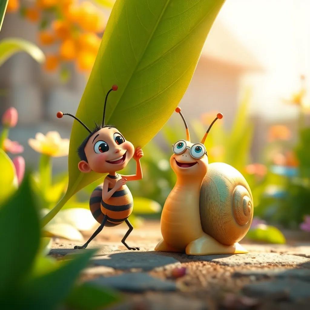 Tito the small insect, pushing a large leaf for his friend Simón the snail, with a joyful expression, they are in a sunny garden, bright colors, warm light, dynamic scene, digital art, uplifting, high quality