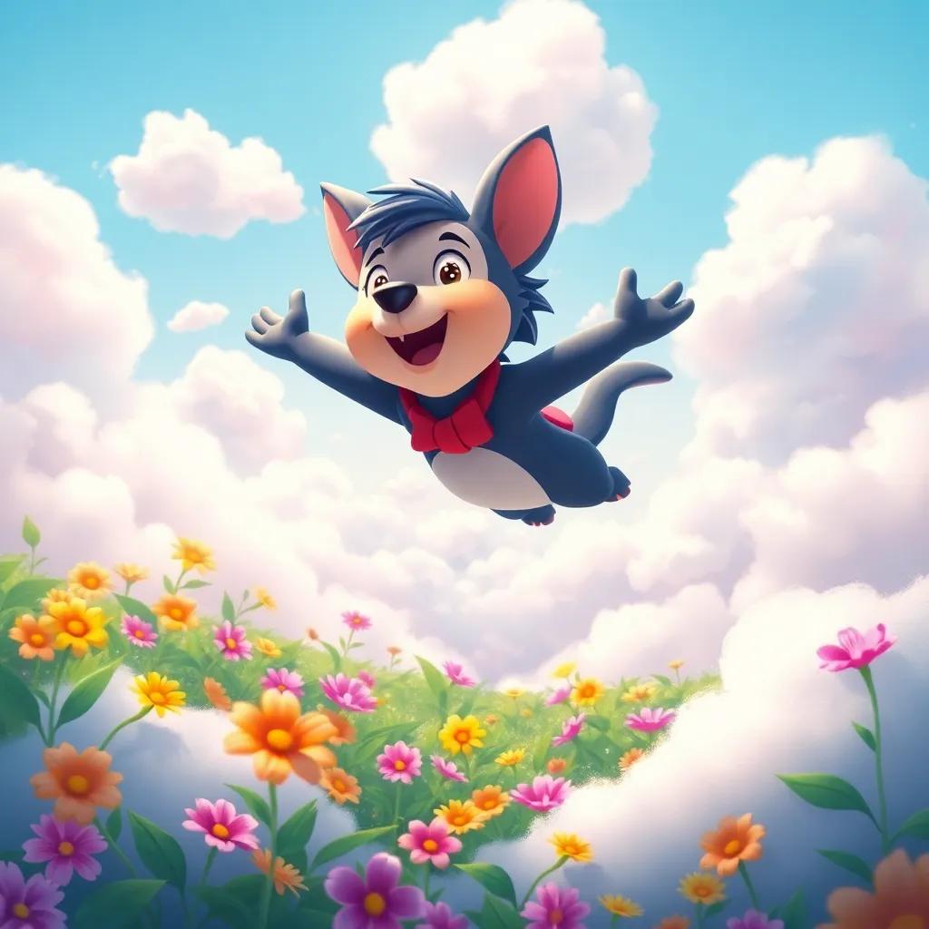 Tito soaring high in the air, looking down at the garden, surrounded by fluffy clouds, a magical and vibrant view, colorful flowers below, joyful and free, digital illustration, cheerful, enchanting, high quality