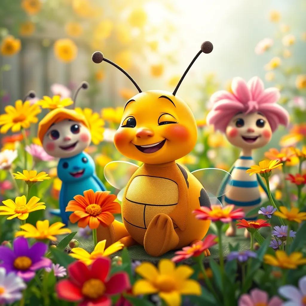 Tito the small insect, sitting among his friends in the colorful garden, all smiling and happy, with flowers and sunlight all around, heartwarming and friendly, digital art, vibrant and joyous, high quality