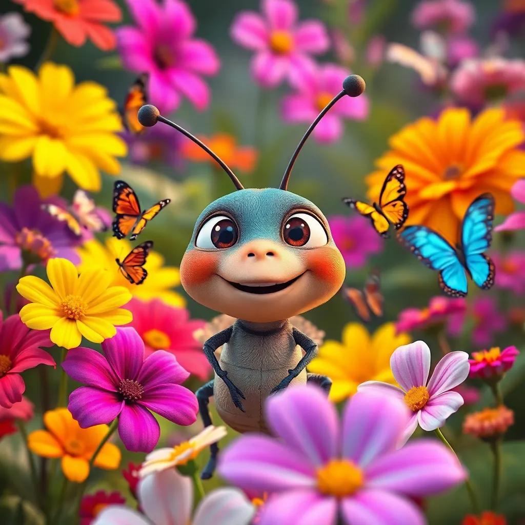 Tito the insect, looking content and happy, surrounded by vibrant flowers and butterflies, celebrating his small size, lively and colorful garden atmosphere, cheerful mood, digital art, engaging and warm, high quality
