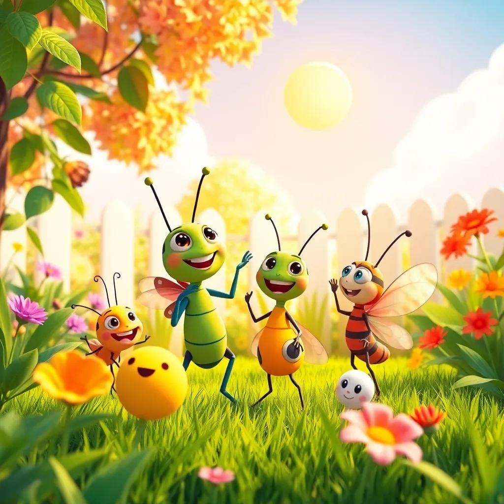 A bright scene with Tito the insect, now small again, playing with his friends in the garden, under the warm sun, joy and laughter filling the air, heartwarming, colorful, digital art, cheerful and inviting, high quality