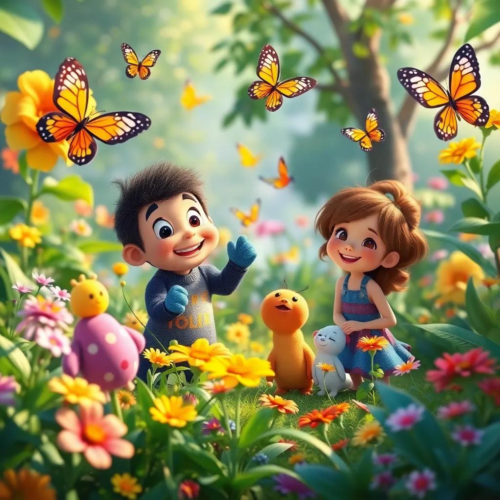 The garden joyful with Tito and his friends, with butterflies flying and flowers blooming, everyone smiling and enjoying the beauty of being small, bright and vibrant colors, digital art, uplifting and cheerful, high quality
