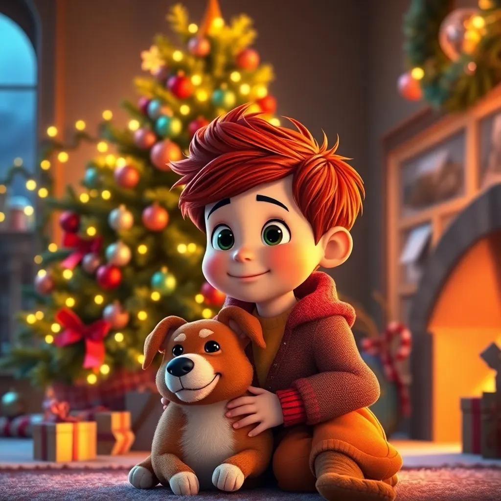 Una casa acogedora decorada para la Navidad, con luces brillantes y un árbol lleno de ornamentos coloridos, Lucas, un niño de cinco años con cabello castaño, sonriente, con un suéter rojo, rodeado de su perro Max, digital art, cálidos colores, ambiente festivo, alta calidad