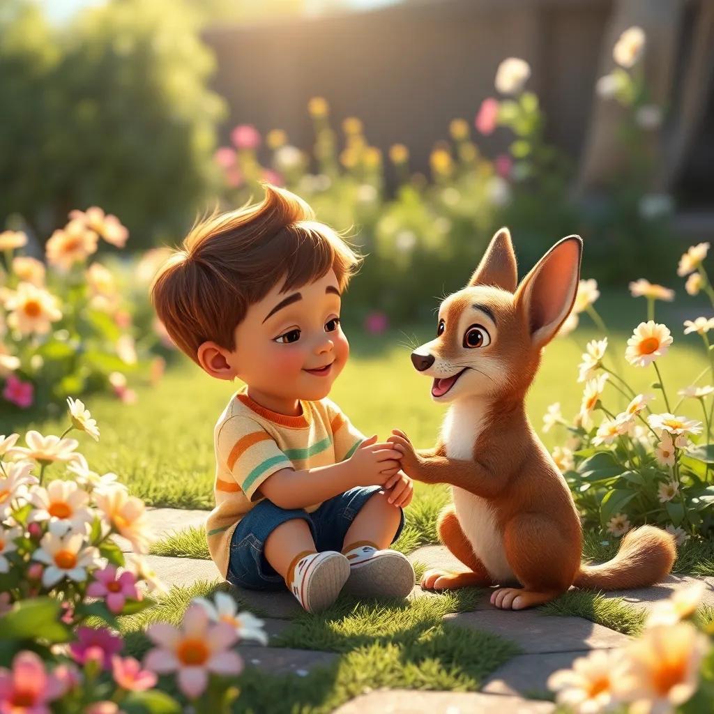 Tomás, un niño pequeño, jugando con un perrito rizado llamado Chispa en el jardín, ambos jugando felices, lleno de flores y sol brillante, arte digital, divertido, cálido, vista animal