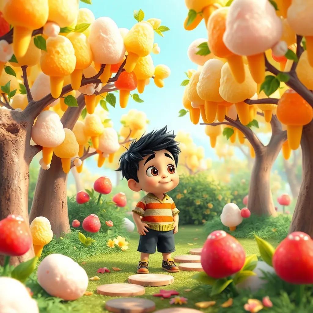 Un jardín mágico con árboles llenos de conos de helado, un niño pequeño, Tomás, mirando con asombro, arte digital, colorido y divertido, gran imaginación, calidad alta