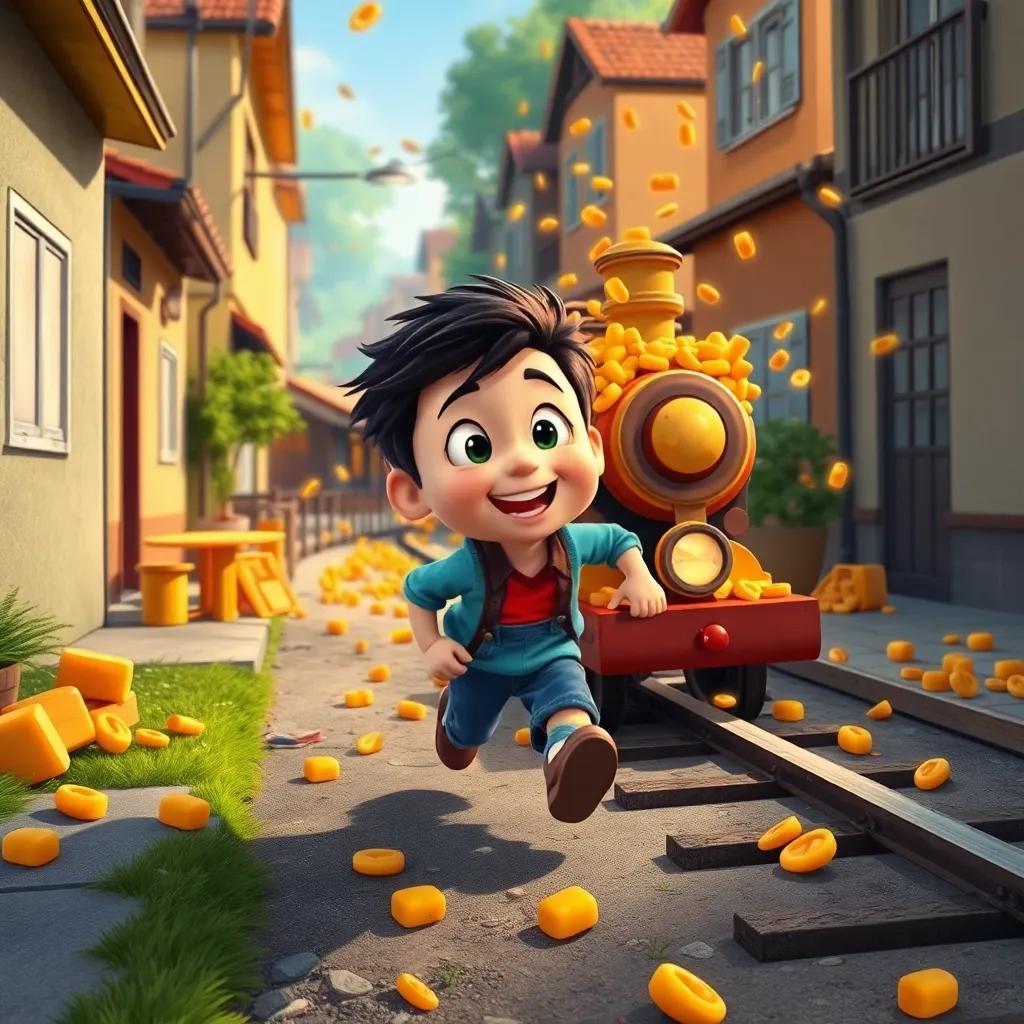 Tomás, un niño pequeño, corriendo detrás de un tren de caramelos descontrolado en su vecindario, risas y caos, ilustración, divertida y emocionante, colores brillantes, alta calidad