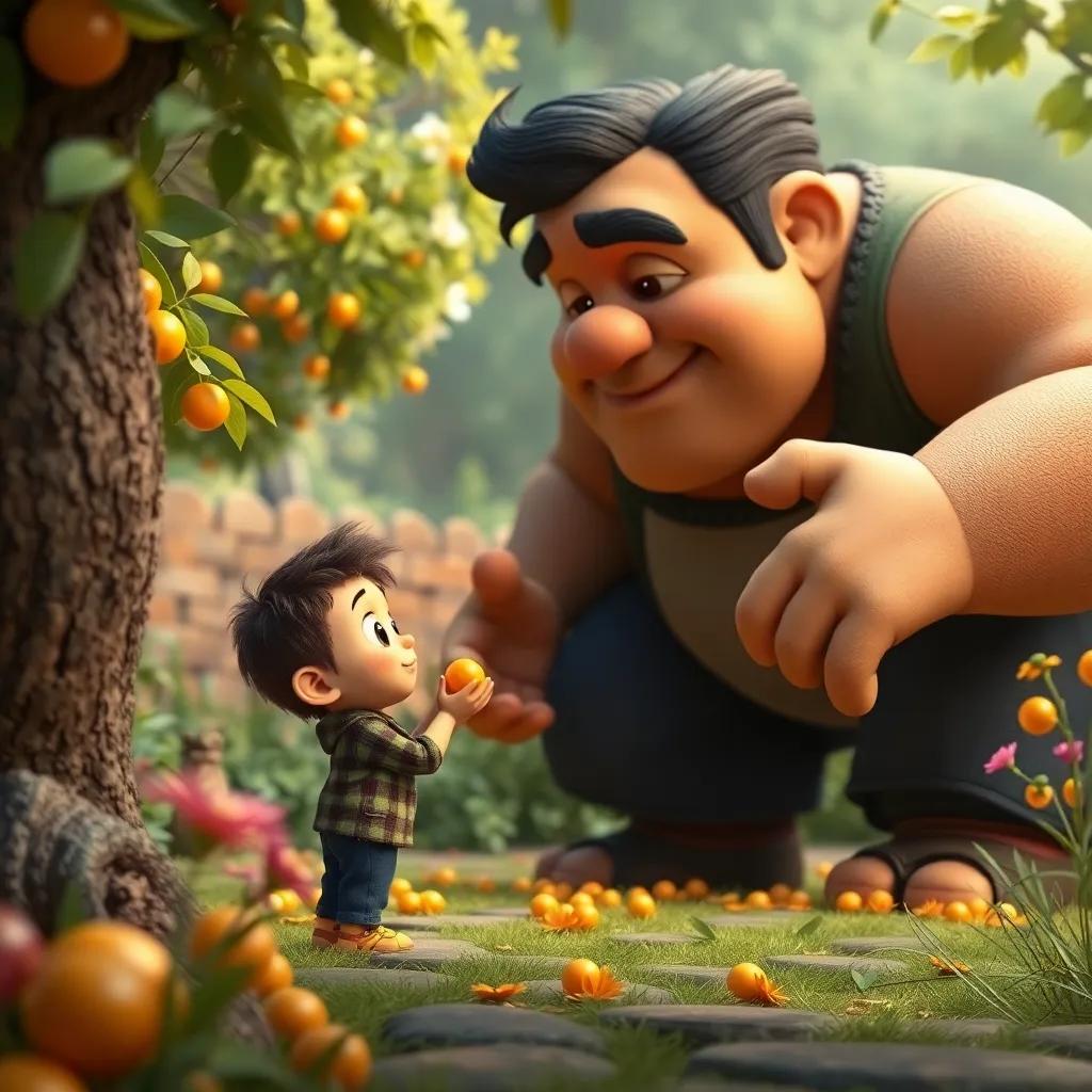 Tomás, un niño pequeño viendo como un gigante amable ayuda a recoger caramelos en el jardín, todos riendo, ambiente de magia y amistad, arte digital, amistoso, encantador, alta calidad