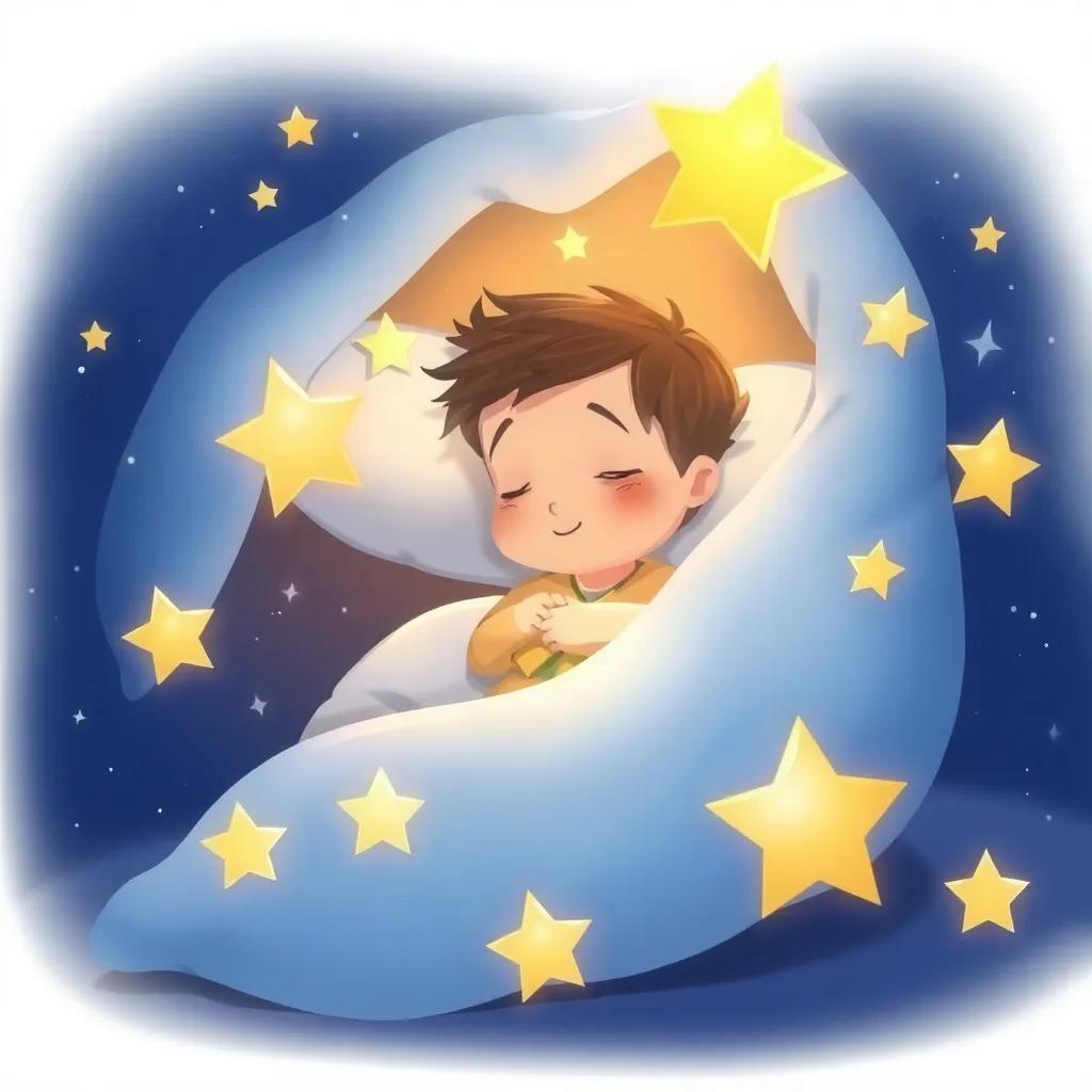Un hermoso nido de almohadas donde Tomás, un niño pequeño, se está acomodando para dormir, rodeado de estrellas brillantes, ilustración, relajante, suave, ambiente de sueño, alta calidad