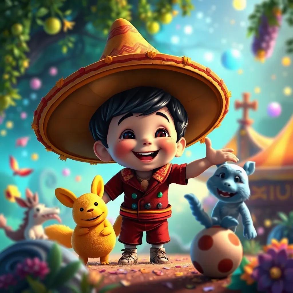 Tomás, un niño pequeño con sombrero mágico, sonriendo y jugando con amigos en un mundo lleno de diversión y magia, arte digital, colorido, alegre, detalles encantadores, alta calidad