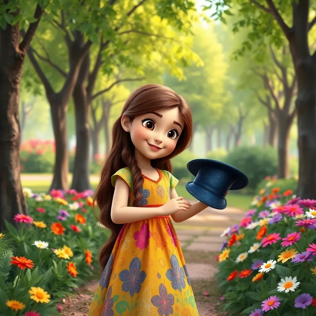 A young Spanish girl, Clara, with long brown hair wearing a bright colorful dress, finding a magical hat in a park filled with green trees and colorful flowers, digital art, cheerful atmosphere, vibrant colors, high quality