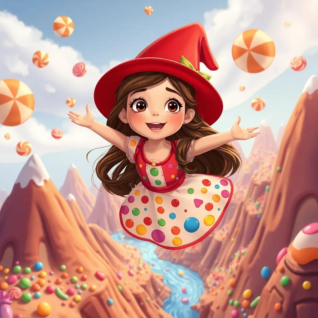 Clara, a young Spanish girl with long brown hair in a colorful dress, wearing a red magical hat, flying over a world made of candies, with rivers of chocolate and gummy mountains, illustration, joyful, child-friendly, high quality