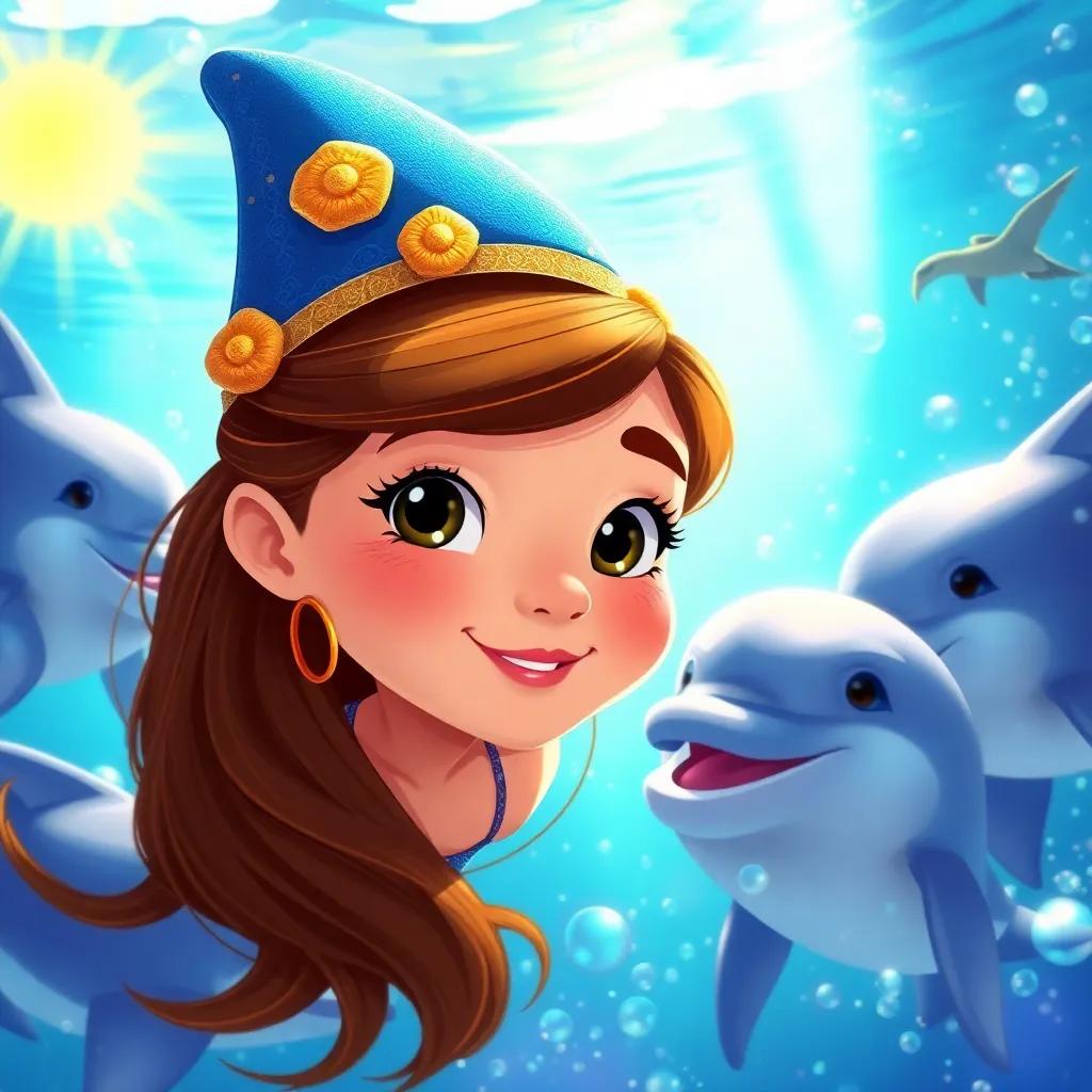Clara, a young Spanish girl, with long brown hair, wearing a blue magical hat, swimming with friendly dolphins in a sparkling sea, bubbles around, sun shining down, digital painting, bright colors, uplifting