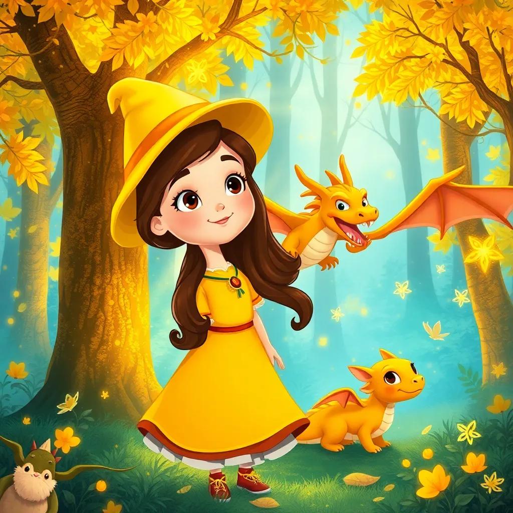 Clara, a young Spanish girl, with long brown hair, wearing a yellow magical hat, exploring a golden forest with a friendly dragon, shimmering trees, magical creatures, illustration, enchanting scene, high quality
