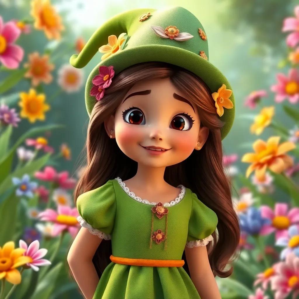 Clara, a young Spanish girl with long brown hair in a green dress, wearing a green magical hat, in a talking flower garden, colorful talking flowers surrounding her, joyful expression, digital art, lively, heartwarming