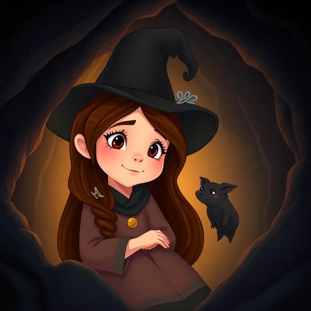 Clara, a young Spanish girl with long brown hair, wearing a black magical hat, in a cozy dark cave with a friendly bat giving advice, warm light, inviting atmosphere, illustration, nurturing and comforting scene, high quality