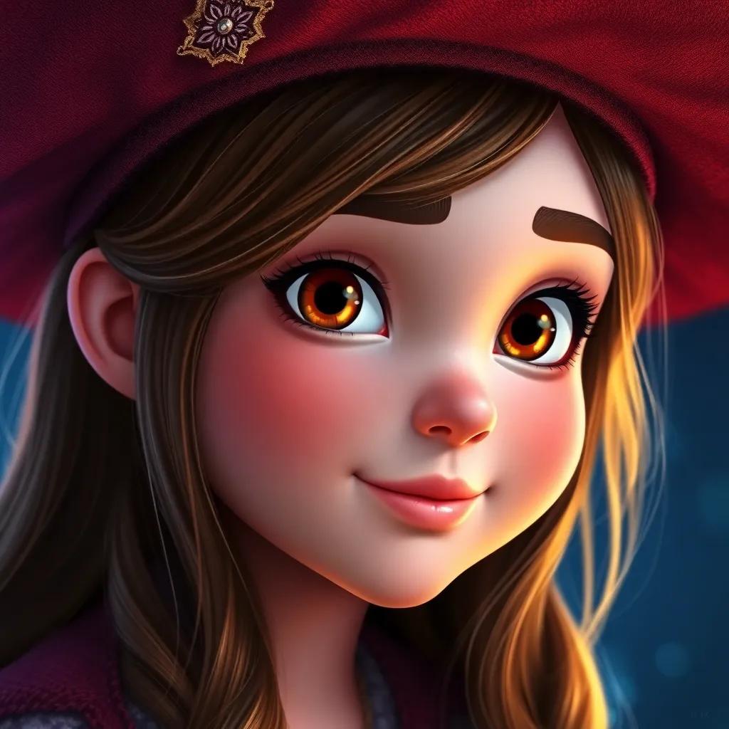A close-up of Clara, a young Spanish girl with long brown hair, wearing a magical hat, her face showing a mix of emotions, vibrant colors reflecting around her, digital painting, stunning details, emotional connection