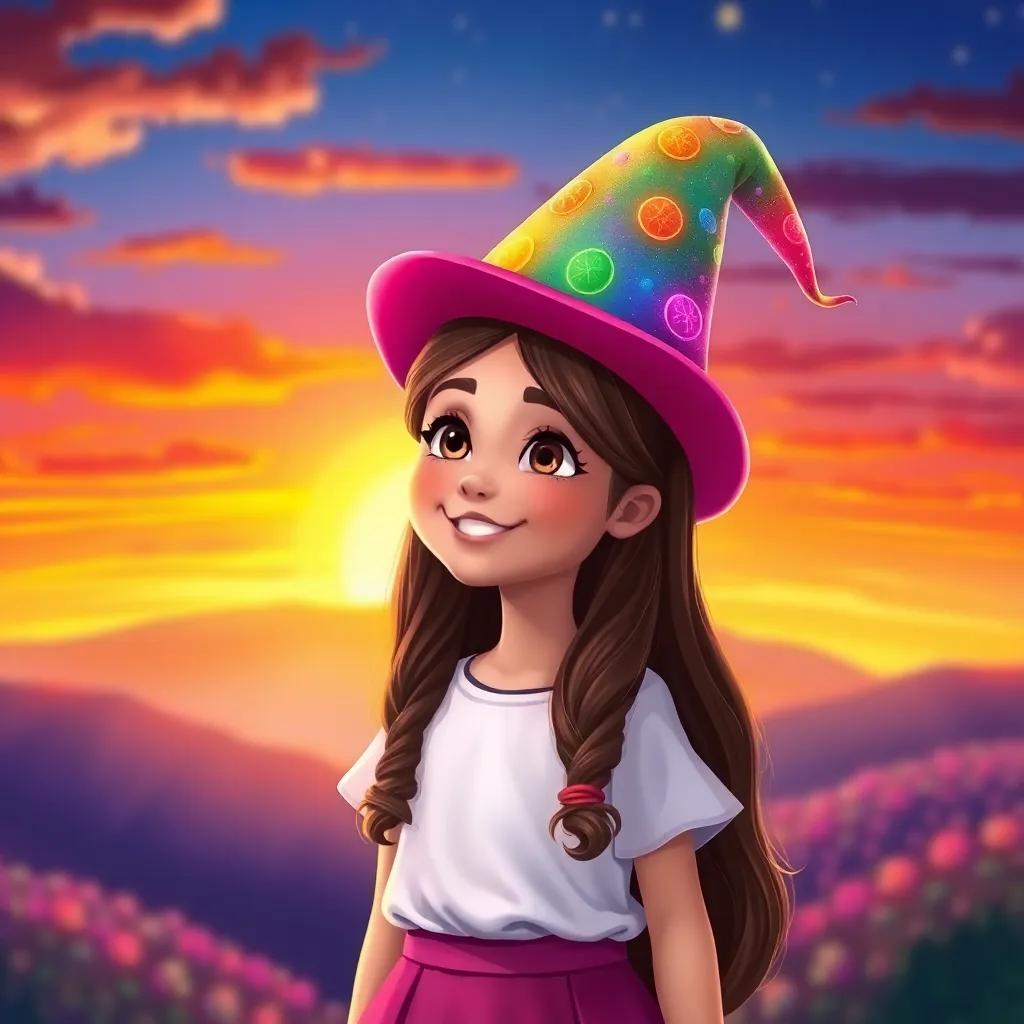 Clara, a young Spanish girl with long brown hair, proudly wearing her colorful magical hat, standing in front of a colorful sunset, the world illuminated with various colors, illustration, joyful, uplifting