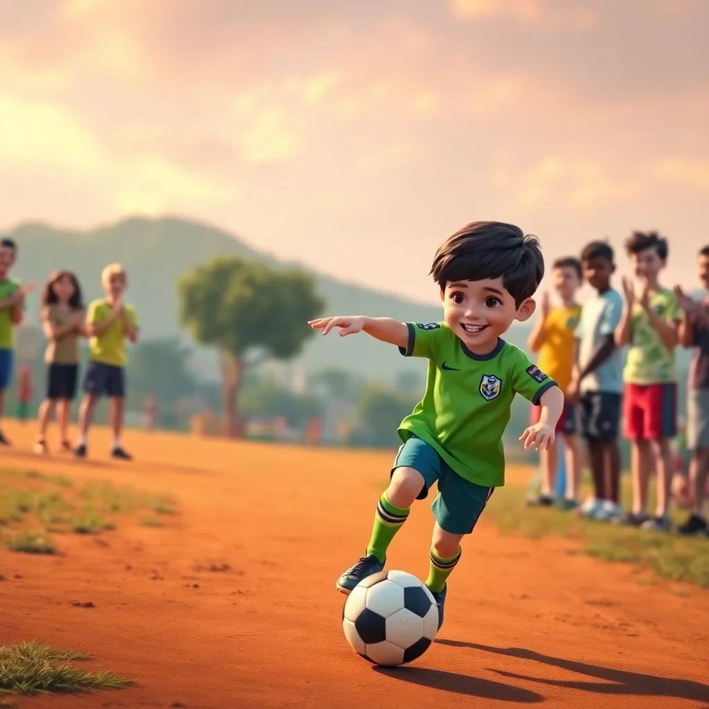 A young boy, Lucas, with dark hair, wearing a bright green soccer jersey, dribbling a soccer ball on a dirt field in Brazil with friends cheering him on, joyful scene, digital art, vibrant colors, warm atmosphere, high quality