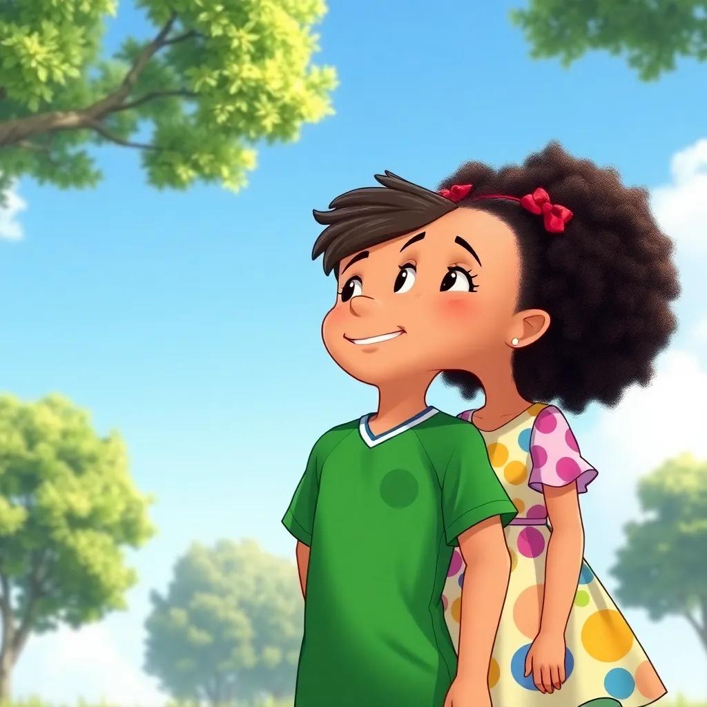 Lucas, a young boy with dark hair in a green soccer jersey, smiling at Clara, a girl with curly hair wearing a colorful dress, under the blue sky with trees around them, cheerful moment, illustration, bright colors, heartwarming, high quality