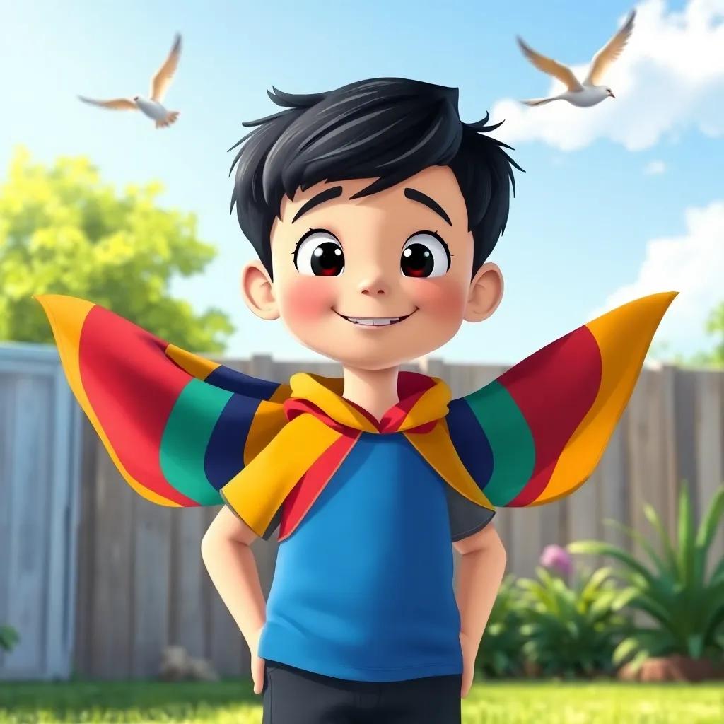 A young boy, Lucas, with short black hair wearing a blue t-shirt and a colorful cape made from a curtain, standing in a sunny backyard with a bird flying in the clear sky, cheerful atmosphere, vibrant colors, child-friendly illustration, high quality